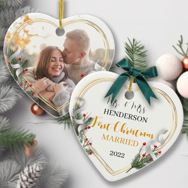 Holly & Pine Gold Frame Photo Newlyweds 2-sided  Ceramic Ornament (Creator Uploaded)