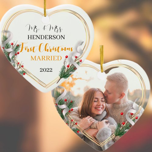 Holly &amp; Pine Gold Frame Photo Newlyweds 2-sided  Ornament