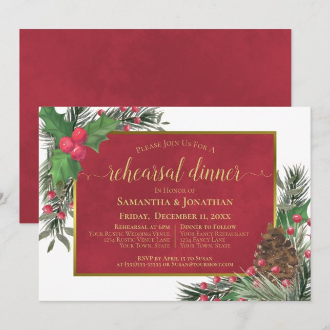 Holly & Pine Holiday Wedding Rehearsal Dinner Invitation (Front/Back)