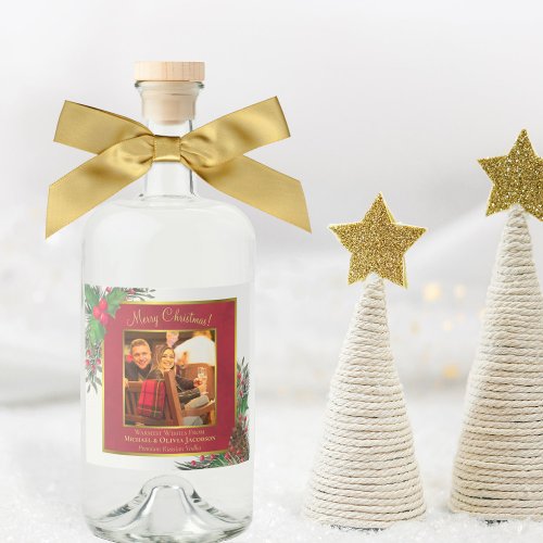 Holly  Pine Merry Christmas Gold Frame Photo Liquor Bottle Label