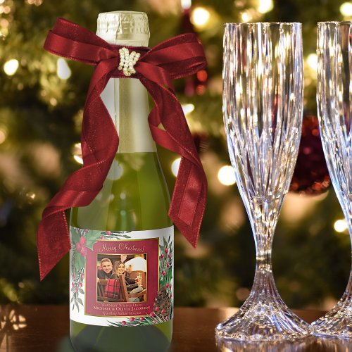 Holly  Pine Merry Christmas Photo Festive Mini Sparkling Wine Label