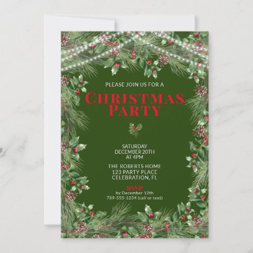 Holly Pine String Lights Green Christmas Party Invitation