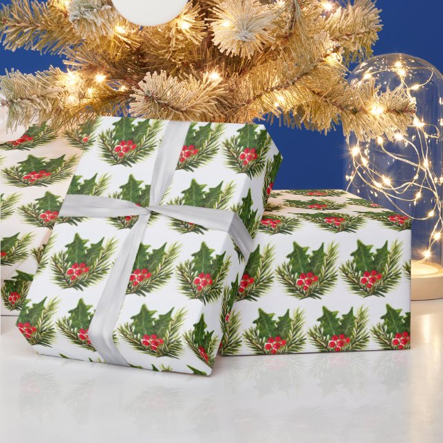 Holly Pine Tree Woodland Xmas Cute watercolor Wrapping Paper (Holidays)