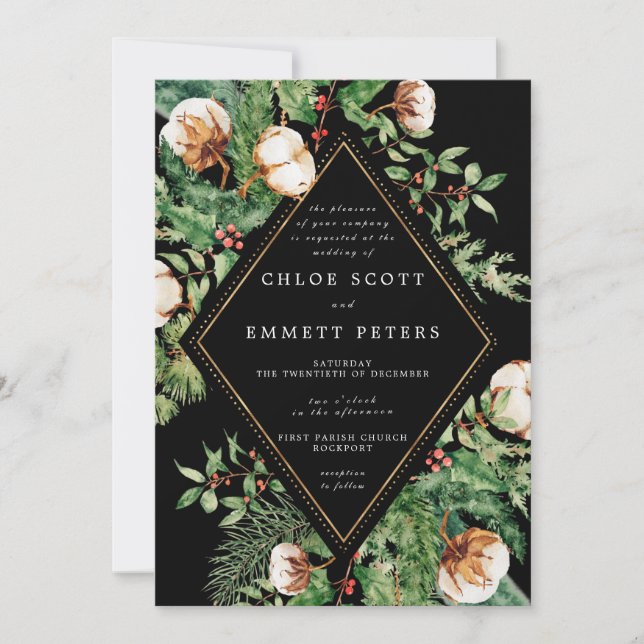 Holly Pine White Floral Winter Wedding Invitation (Front)