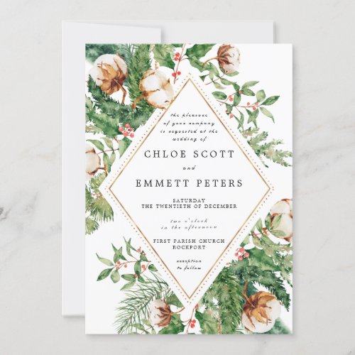 Holly Pine White Floral Winter Wedding Invitation