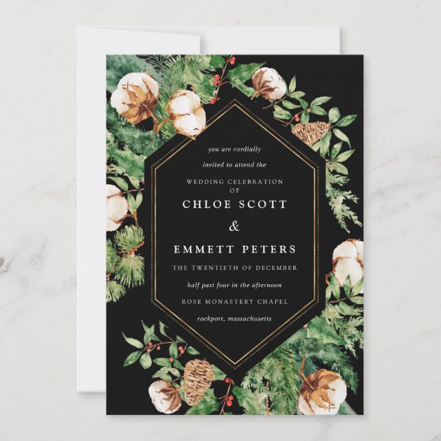 Holly Pine White Floral Winter Wedding Invitation (Front)