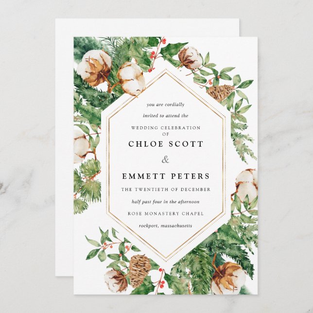 Holly Pine White Floral Winter Wedding Invitation (Front/Back)