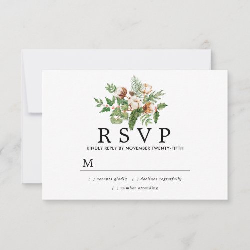 Holly Pine White Floral Winter Wedding RSVP Card