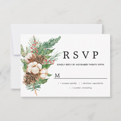 Holly Pine White Floral Winter Wedding RSVP Card