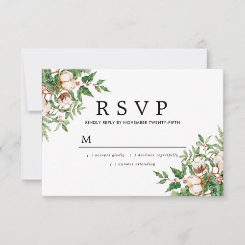 Holly Pine White Floral Winter Wedding RSVP Card