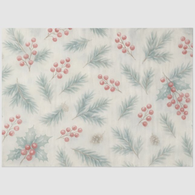 Holly & Pine Winter Botanical Background Decoupage Tissue Paper (Front)