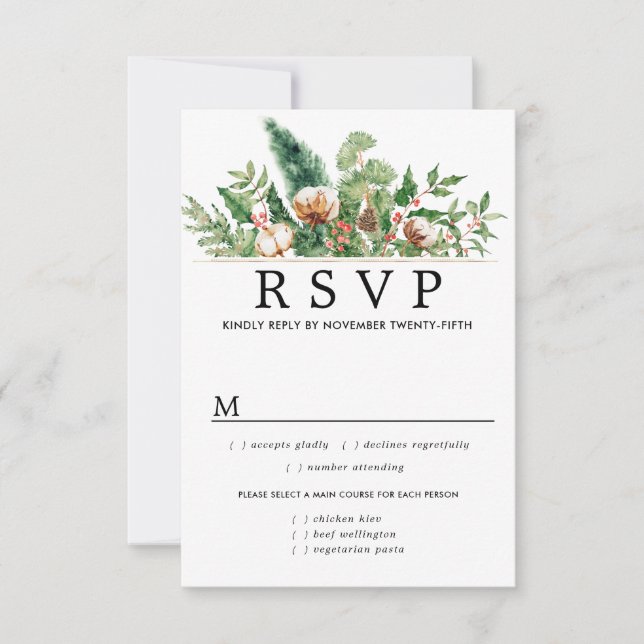 Holly Pine Winter Wedding RSVP Meal Options (Front)