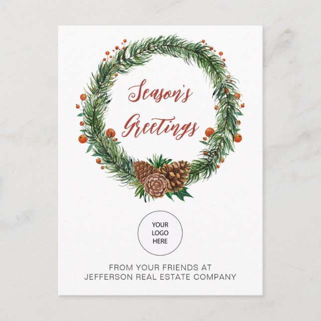 Holly Pine Wreath Company Logo Business   Holiday Postcard (Front)