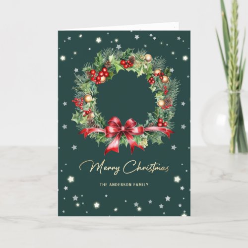 Holly Pine Wreath Green Photo Merry Christmas Card