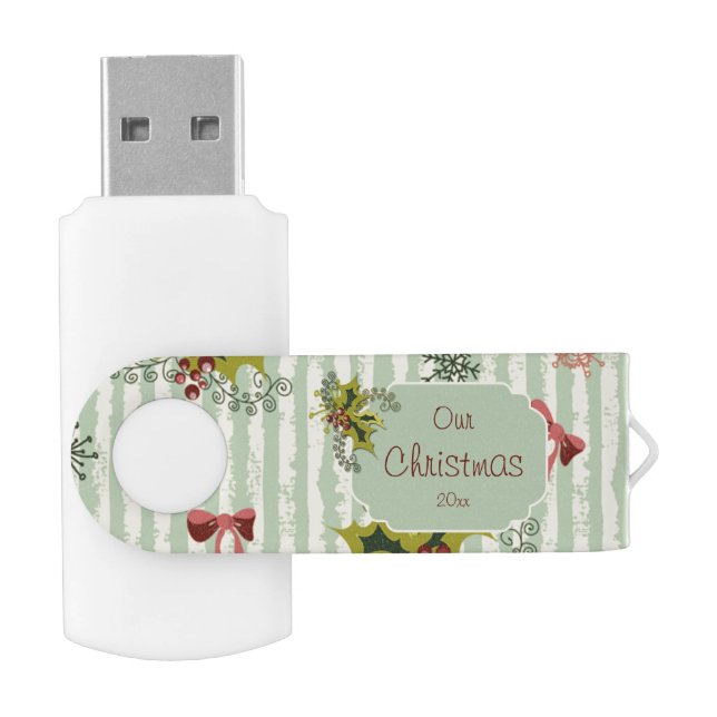 Holly, Pink Bows and Aqua Stripes USB Flash Drive (Opened)