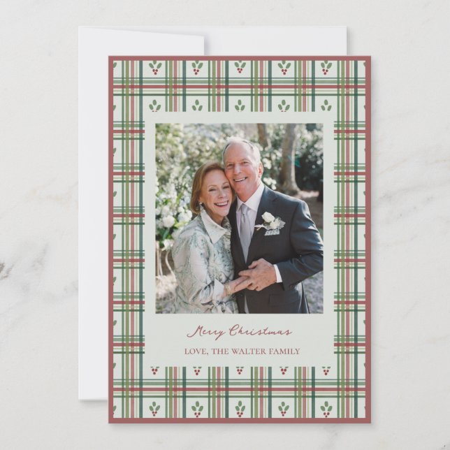Holly Plaid Christmas Greeting Card with Photo (Front)