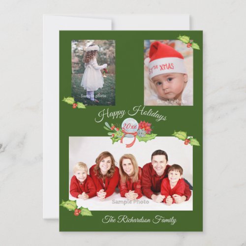 Holly Poinsettia Snow Globe Personalized Photo Holiday Card