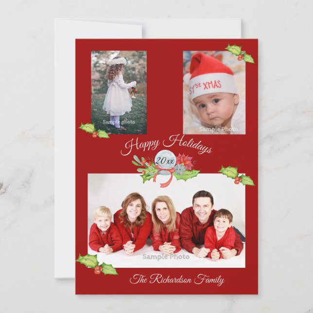 Holly Poinsettia Snow Globe Red Personalized Photo Holiday Card (Front)