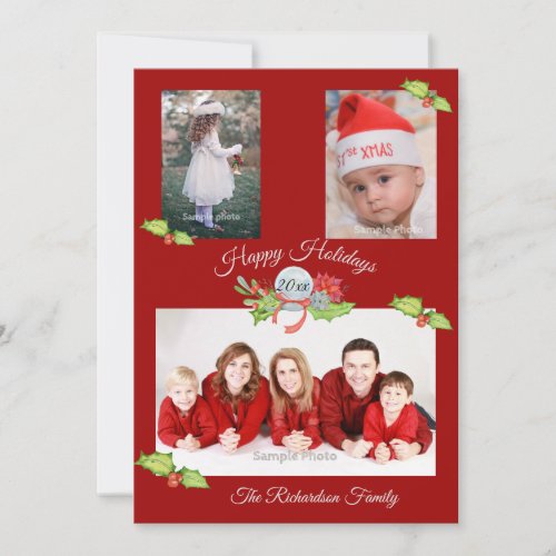 Holly Poinsettia Snow Globe Red Personalized Photo Holiday Card