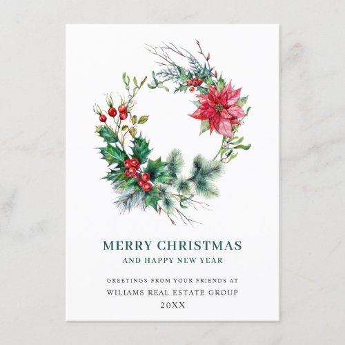 Holly Poinsettia Wreath Christmas Corporate Holiday Card
