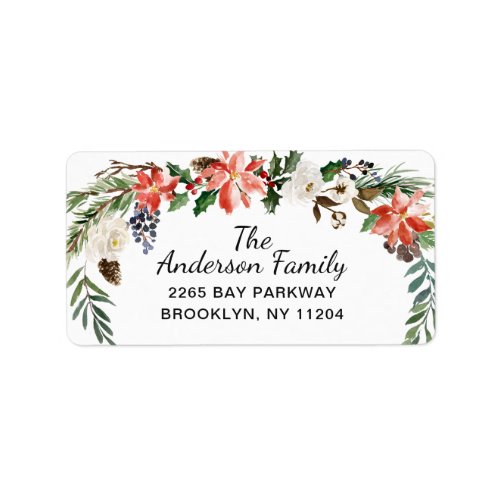 Holly Poinsettia Wreath Christmas Return Address Label