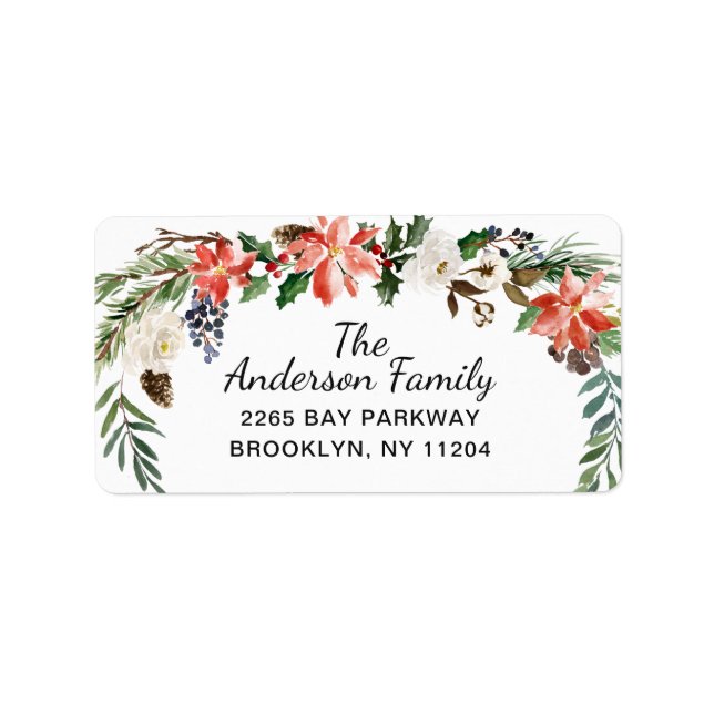 Holly Poinsettia Wreath Christmas Return Address Label (Front)