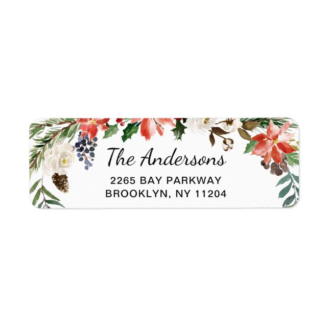 Holly Poinsettia Wreath Christmas Return Address Label (Front)