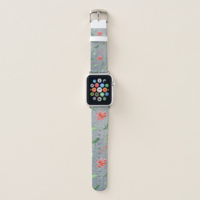 *~* Holly Poinsettias Christmas in Denim Apple Watch Band (Front)