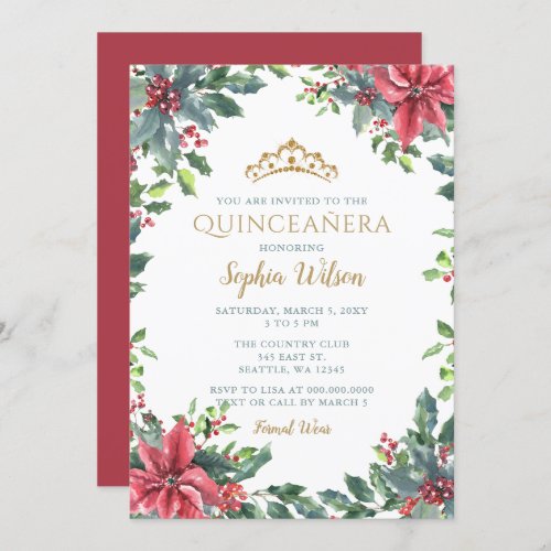 Holly Poinsettias Gold Princess Tiara Quinceaera Invitation
