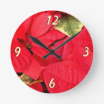 Holly Point Poinsettias Christmas Holiday Floral Round Clock