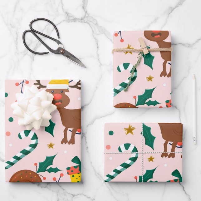 Holly Presents Candy Christmas Pink Wrapping Paper Sheets (Front)