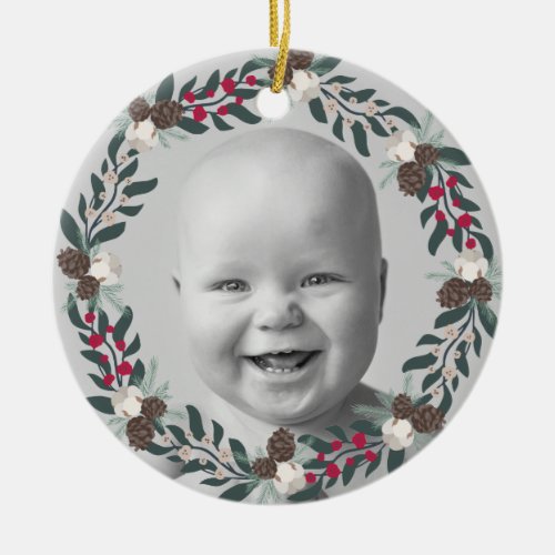 Holly Red Berries and Pinecone Wreath Photo  Ceramic Ornament