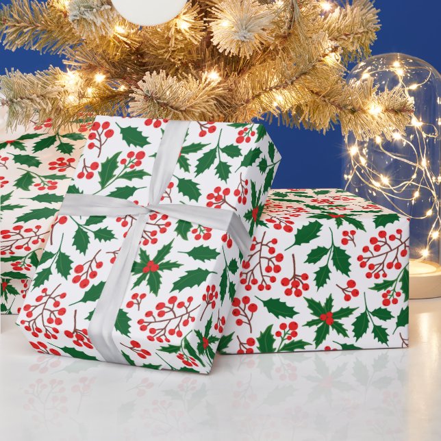 Holly Red Berries Botanical Christmas Holiday Wrapping Paper (Holidays)