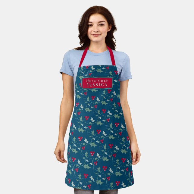 Holly red berries Christmas blue red green custom Apron (Worn)