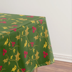 Holly red berries Christmas foliage pattern green Tablecloth