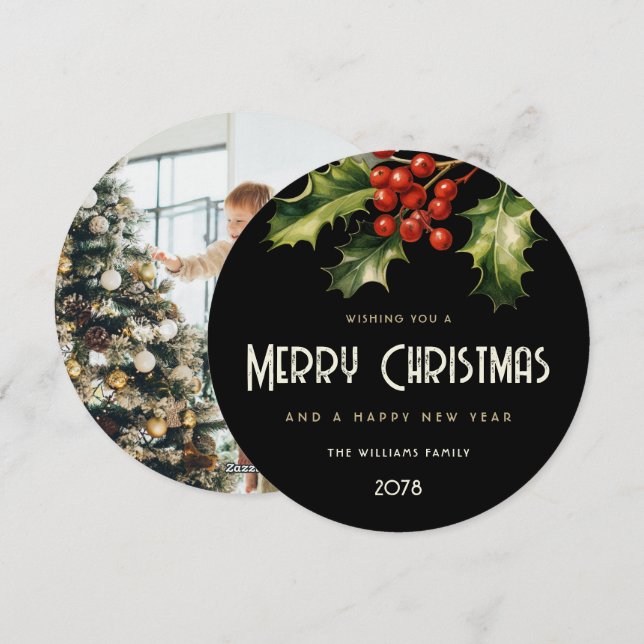 Holly Red Berries Elegant Black Photo Holiday Card (Front/Back)