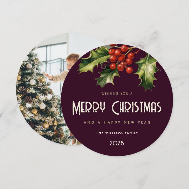 Holly Red Berries Elegant Purple Photo Holiday Card (Front/Back)
