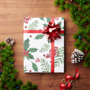 Holly Red Berries Greenery Holiday Christmas Wrapping Paper