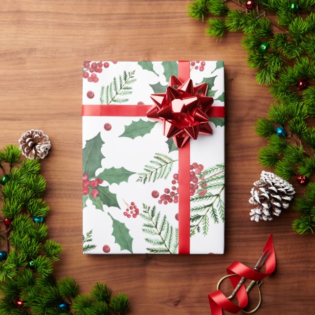 Holly Red Berries Greenery Holiday Christmas Wrapping Paper (Holiday Gift)