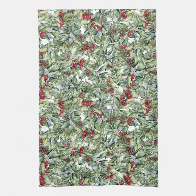 Holly, Red Berries, Mistletoe, Christmas Greenery Kitchen Towel (Vertical)