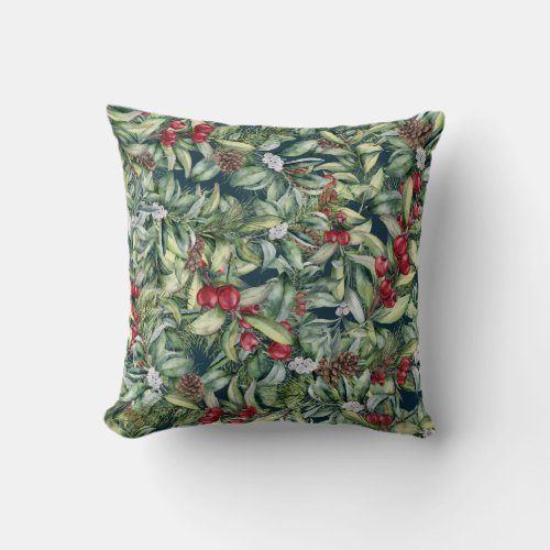Holly Red Berries Mistletoe on Navy Background Throw Pillow