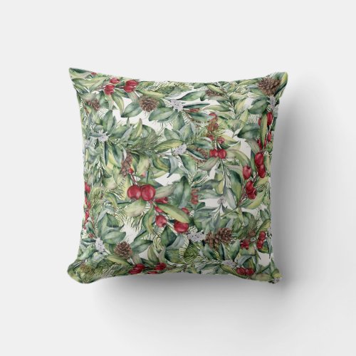 Holly Red Berries Mistletoe on White Background Throw Pillow