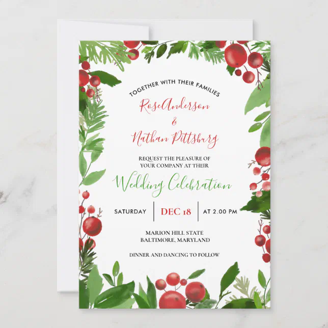 Holly Red Berry Christmas Modern | Holiday Wedding Invitation | Zazzle