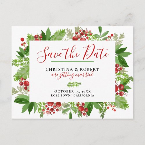 Holly Red Berry Christmas Modern  Save The Date Announcement Postcard