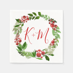 Holly Red Berry Christmas Modern Wedding Monogram Napkins