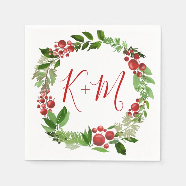 Holly Red Berry Christmas Modern Wedding Monogram Napkins (Front)