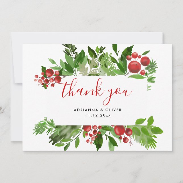 Holly Red Berry Christmas Modern Wedding Thank You (Front)