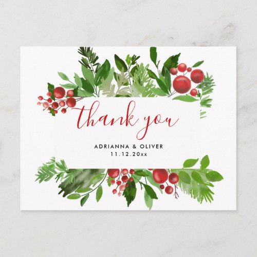 Holly Red Berry Christmas Modern Wedding Thank You Postcard