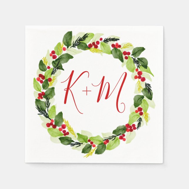 Holly Red Berry Christmas Wedding Monogram Napkins (Front)