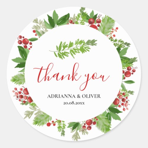 Holly Red Berry Christmas Wedding Thank You Classic Round Sticker